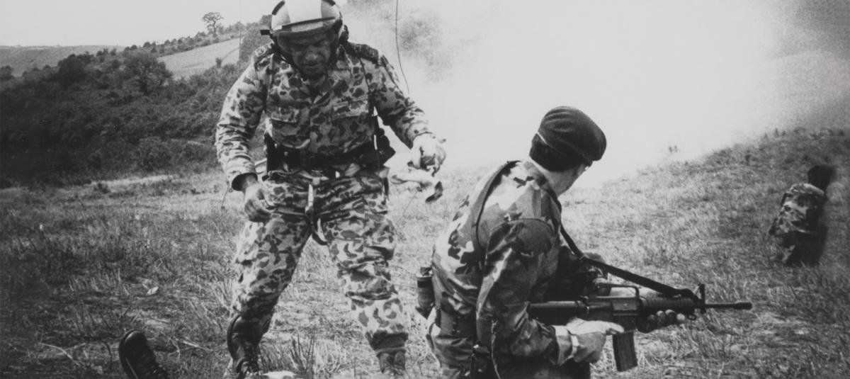 A Turkish para-rescueman prepares to evacuate a “downed” Turkish pilot