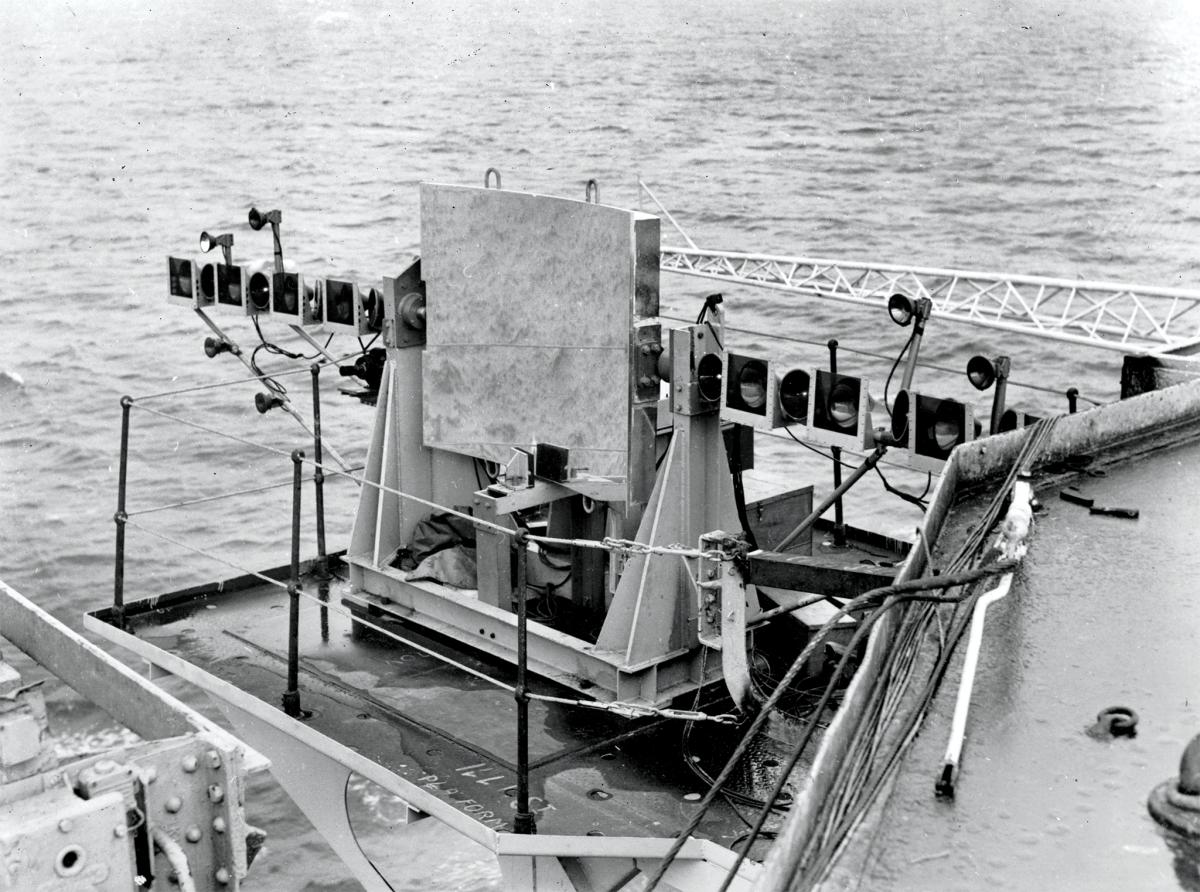 Optical mirror landing system on the the port side of the flight deck of HMS Illustrious in 1953
