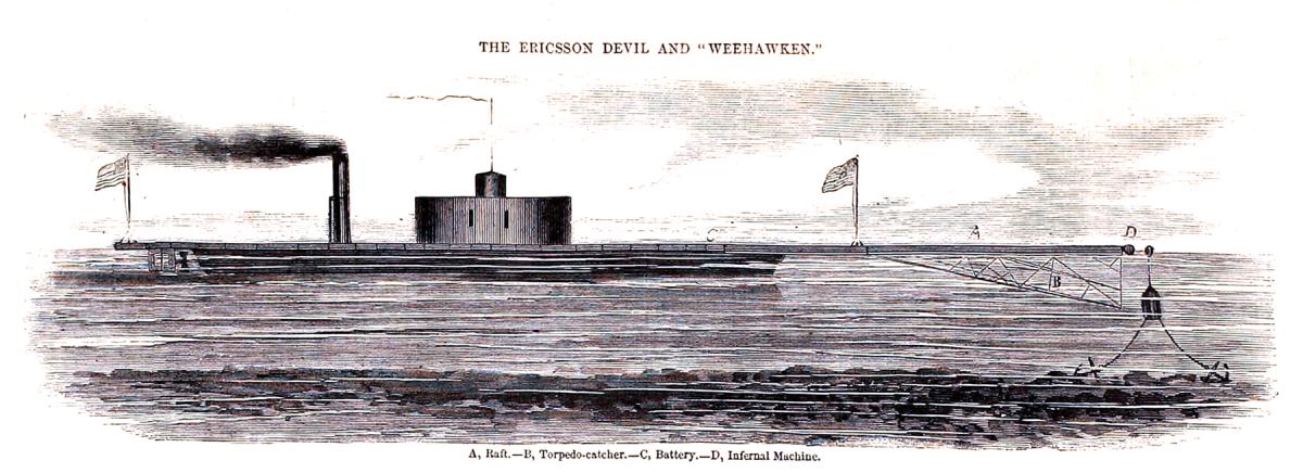 The Weehawken is depicted with its original “minesweeper” about to explode a Confederate torpedo. The illustration is from the 25 April 1863 edition of Harper’s Weekly.