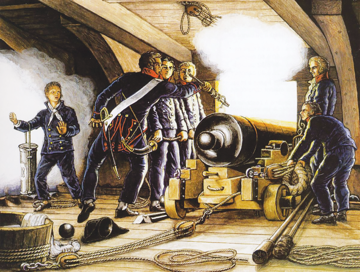 A crew serving a cannon on a sailing ship.