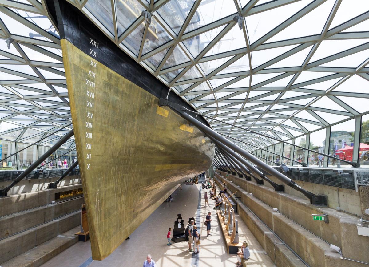 Underside starboard bow view of the clipper ship Cutty Sark at the Royal Museum, Greenwich, England