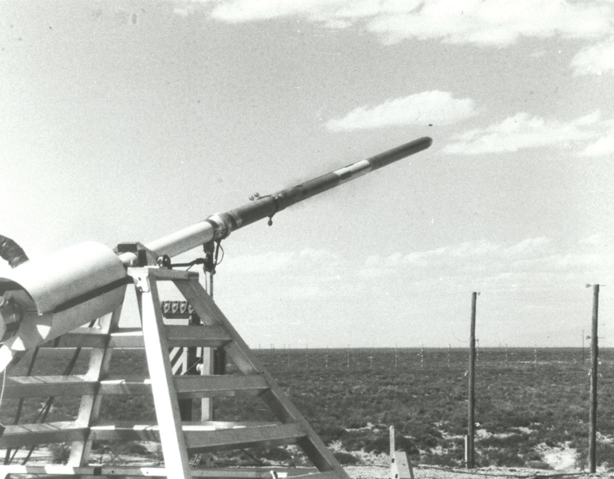 An April 1980 test of the Self-Initiating Antiaircraft Missile (SIAM) developed by the Defense Advanced Research Projects Agency. The missile was fired from a test stand at the White Sands Missile Range in New Mexico and intercepted a Gyrodyne QH-50 Drone Antisubmarine Helicopter (DASH). The test missile lacked a warhead but successfully intercepted the unmanned helicopter (insets)