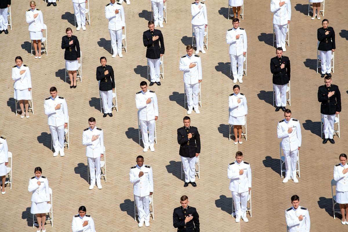 Members of the USNA Class of 2020 being commissioned on 14 May in Tecumseh Court.