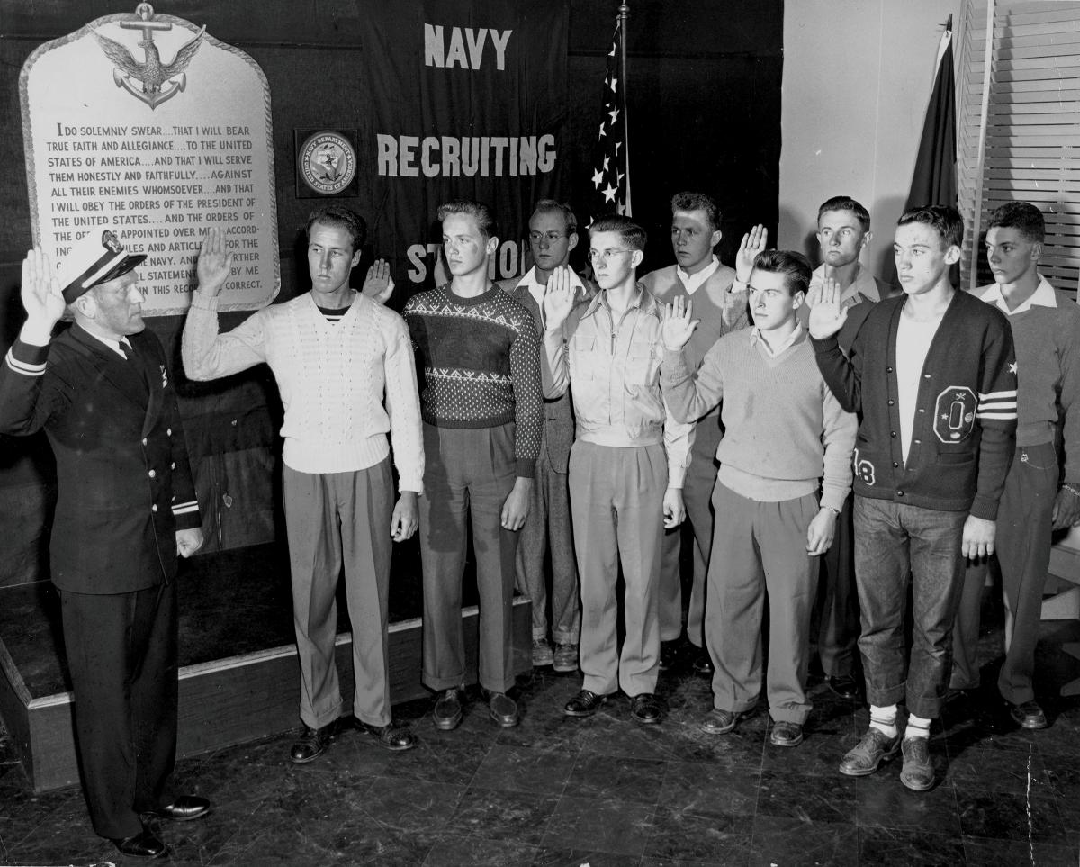 There are multiple paths to joining the U.S. Navy, including enlisting, like these young men in 1948, who were sent to San Diego Naval Training Center after taking their oaths.