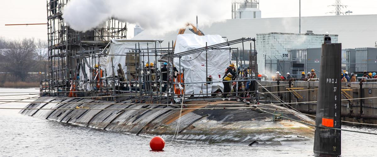 The USS John Warner (SSN-785) in Norfolk Naval Shipyard in January 2023.  