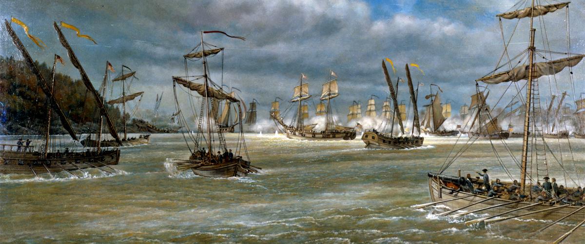 Battle of Valcour Island, naval engagement on Lake Champlain, 11 October 1776. Oil painting. 