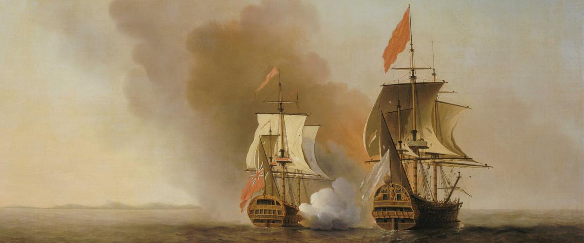 HMS Centurion (left) captures the Spanish treasure galleon Nuestra Señora de Covadonga off the Philippines.
