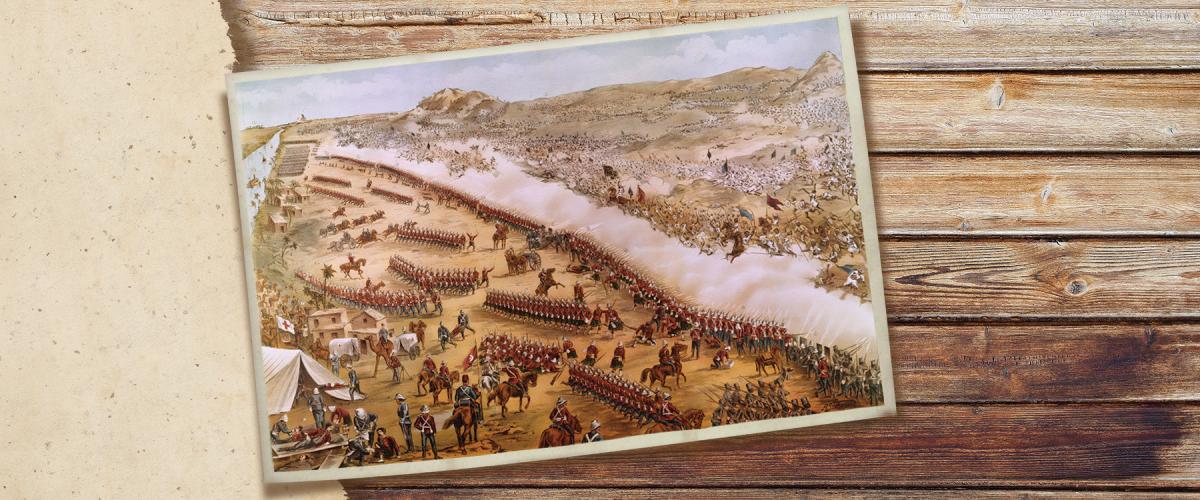 2 September 1898: As the outnumbered troops of Major General Herbert Kitchener’s Anglo-Egyptian expeditionary force square off against the Mahdi Army on the outskirts of Omdurman, the Nile flotilla of British gunboats—which will prove to be a decisive factor in the battle’s ultimate outcome—can be seen in the upper left.
