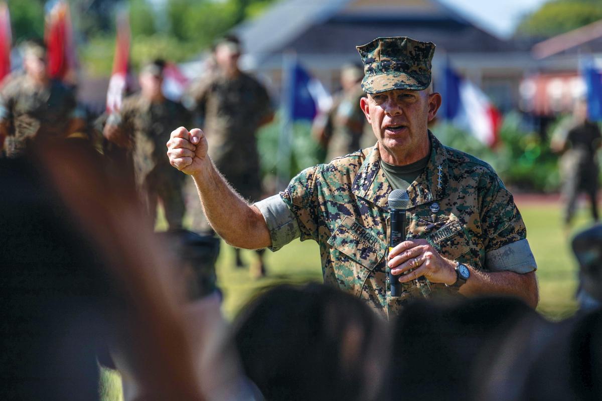 U.S. Marine Corps Gen. David H. Berger, 38th Commandant of the Marine Corps, speaks to attendees during a change of command ceremony