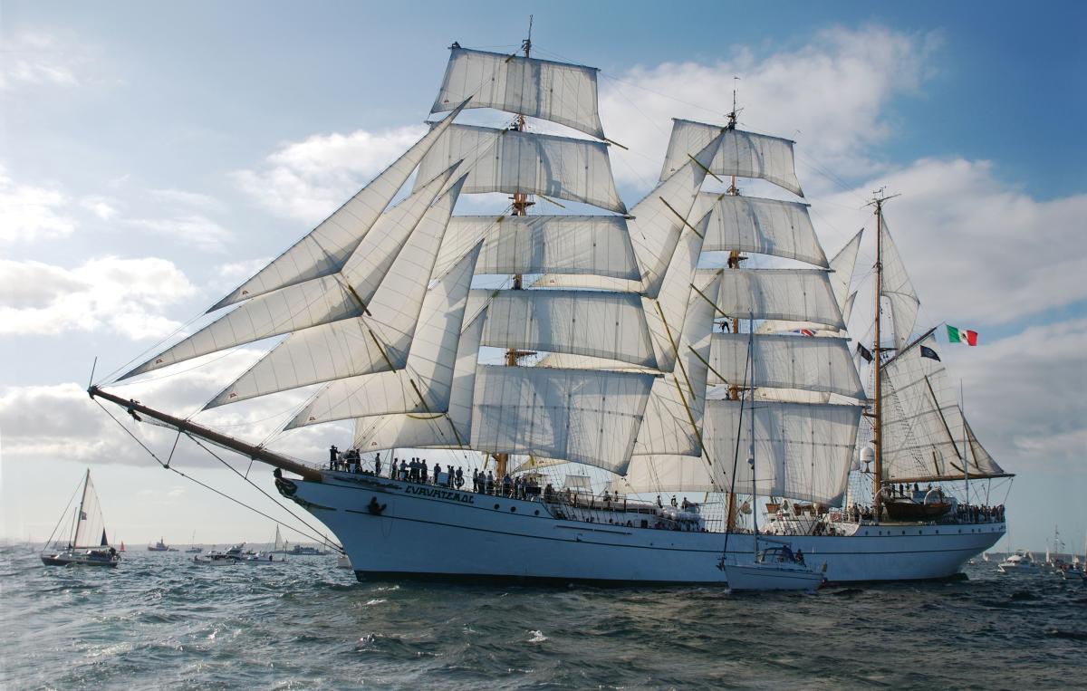 Port bow view of the Mexican three-masted barque Cuauhtemoc under sail