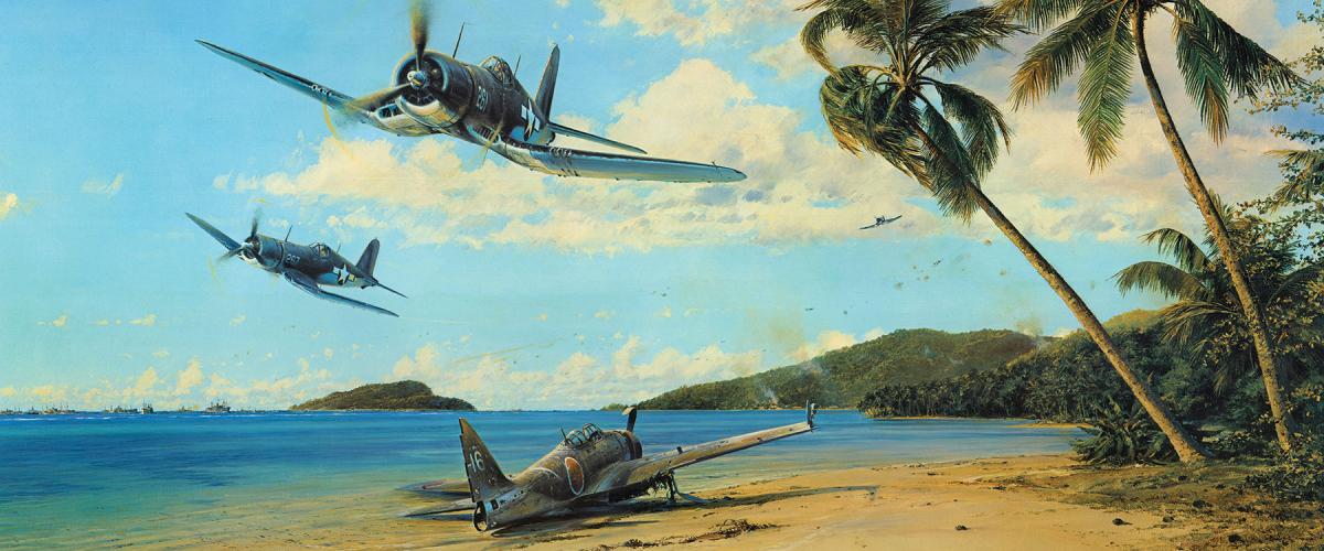In support of landings in the Marshall Islands, F4U Corsairs make a low-level strafing run on the lookout for ground targets. A downed Japanese Zero lies decaying on the beach below, and U.S. Navy vessels in the distance bombard enemy positions. The assault on the Marshalls in January–February 1944 was hailed as “probably the most perfect operation of its kind in the war.”