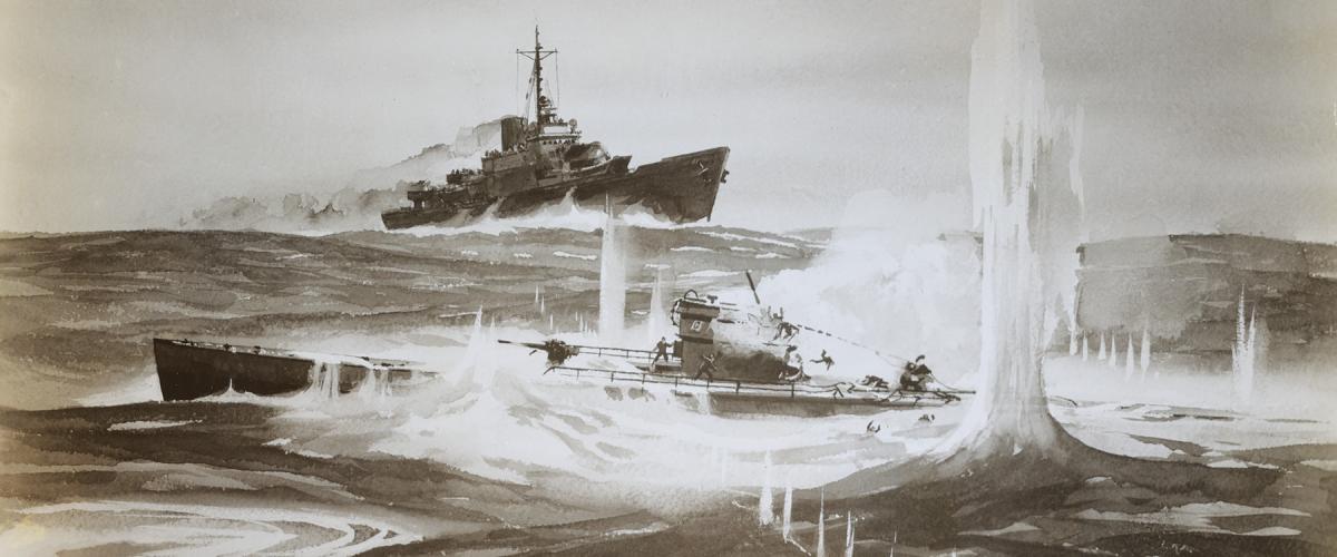 17 April 1943: Guns ablaze, the USCGC Spencer bears down on U-175 after having blown the U-boat to the surface with depth charges.
