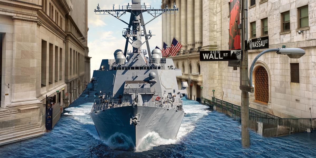 Battleship traverses Wall Street in this created image. 