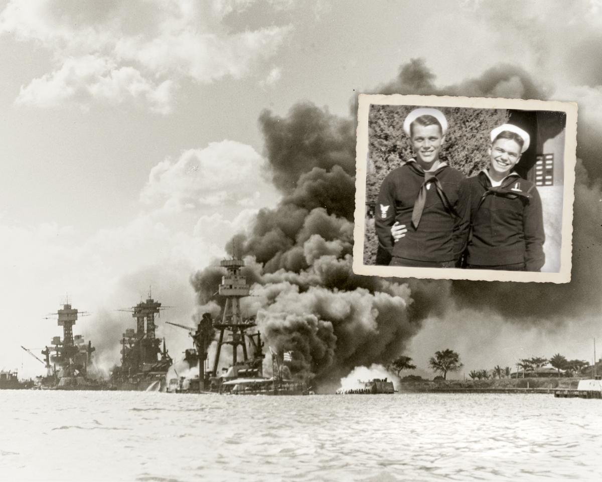 Photo of Boatswain’s Mate First Class Francis Morse (left) and his brother Watertender Second Class Norman Morse overlaid on scene of the Arizona burning at Pearl Harbor