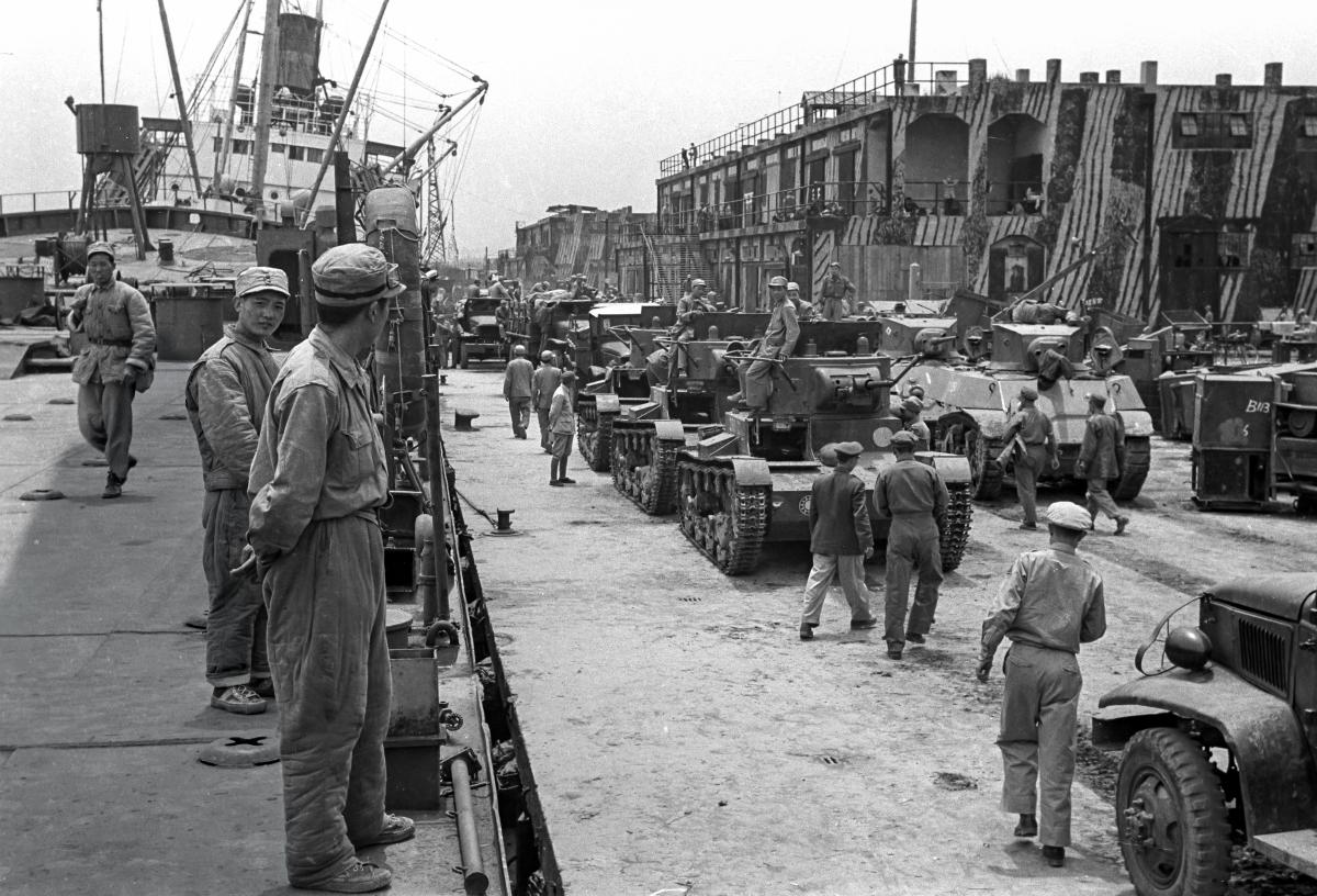 Soldiers prepare U.S.-made tanks for the Nationalist retreat to Taiwan during the 1949 Civil War.