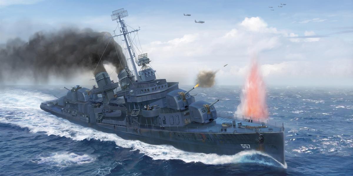 The legendary Fletcher-class destroyer USS Johnston (DD-557) heads into the teeth of the superior Japanese force at the Battle off Samar, 25 October 1944. 