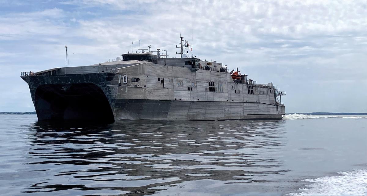 The Spearhead-class expeditionary fast-transport vessel USNS Burlington (T-EPF-10) departing its hub port in Virginia in September 2020.