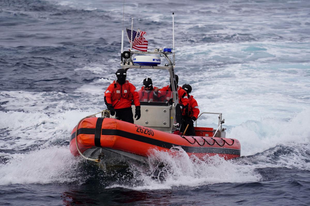 A U.S. Coast Guard Cutter Tahoma (WMEC-908) boat crew participates in a search-and-rescue exercise off Greenland.