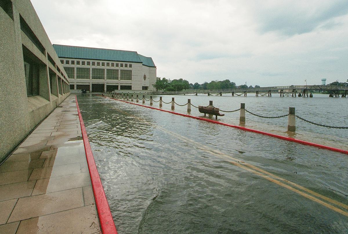 Flooding outside Nimitz Library during Hurricane Isabel in 2003