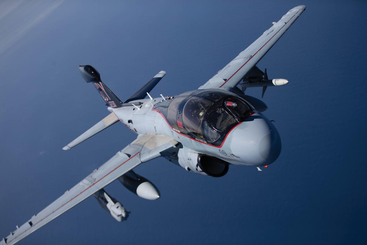  U.S. Marine Corps EA-6B Prowler assigned to Marine Tactical Electronic Warfare Squadron (VMAQ) 2, flies off the coast of North Carolina, Feb 28, 2019