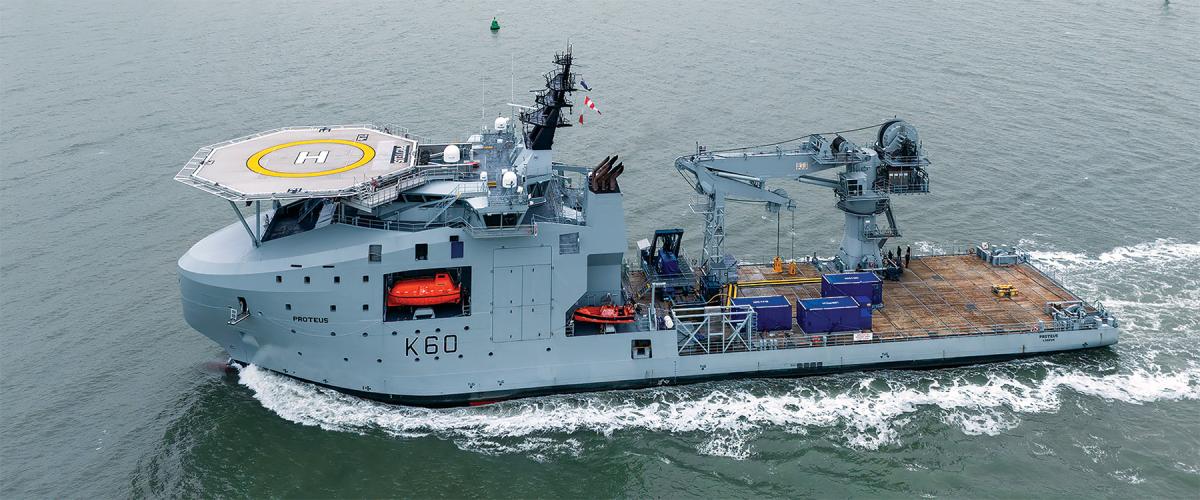 The Royal Fleet Auxiliary Proteus protects critical underwater infrastructure and serves as a mothership for remotely operated and autonomous unmanned underwater vehicles.  