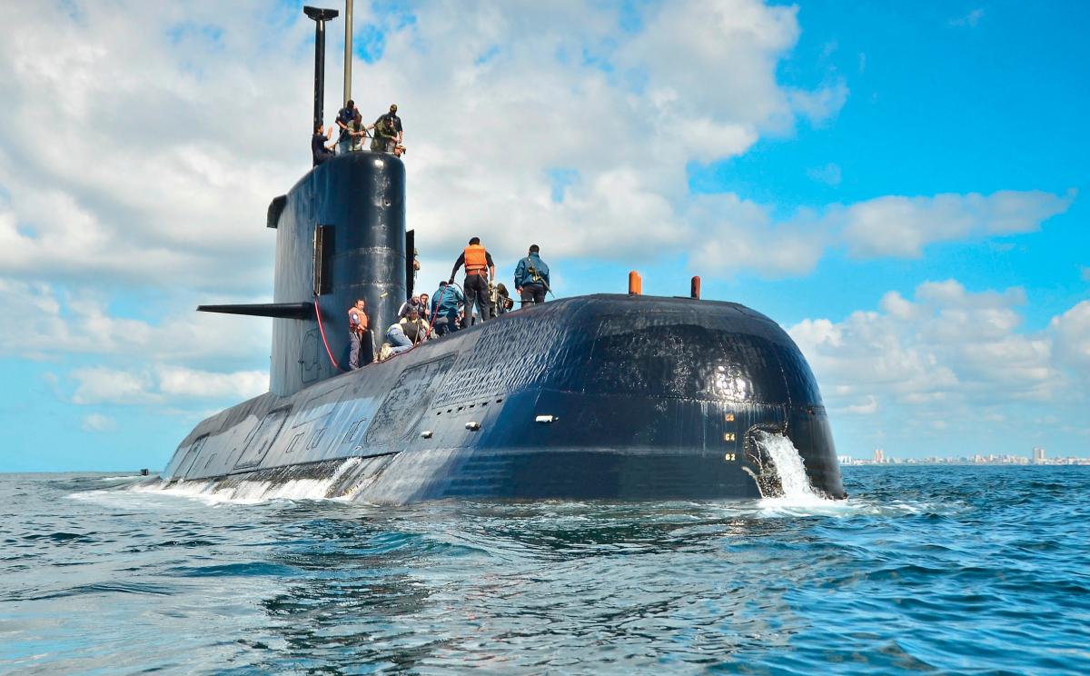 Surface port bow view of the Argentine submarine ARA San Juan