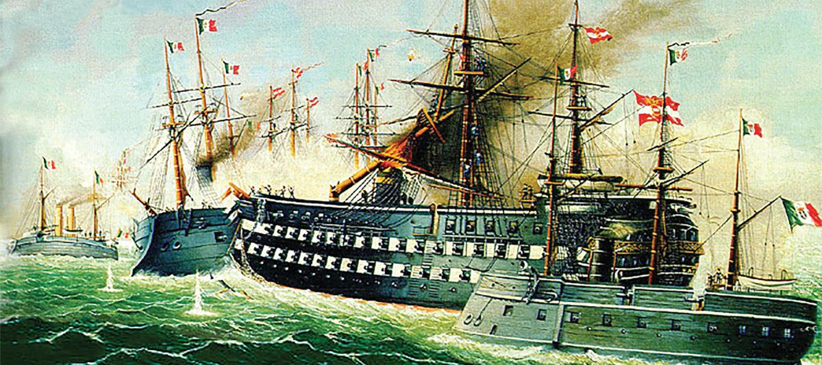 Fortune favors the bold: The wooden-hulled Austrian ship-of-the-line Kaiser rams the Italian ironclad Re di Portogallo during the July 1866 Battle of Lissa.