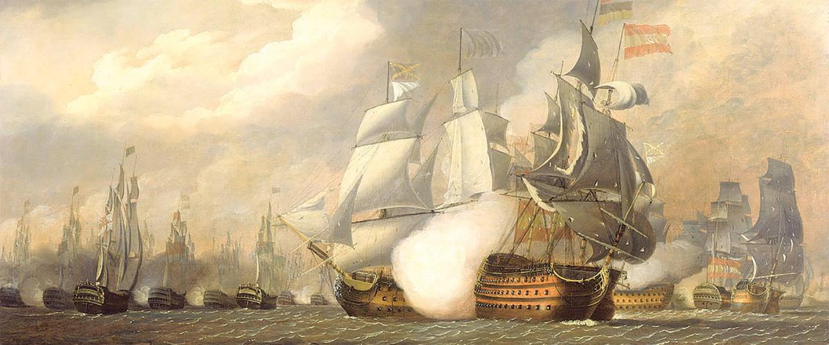 The British flagship HMS Victory rakes the stern of the Salvador del Mundo with a withering broadside during the 1797 Battle of Cape St. Vincent.