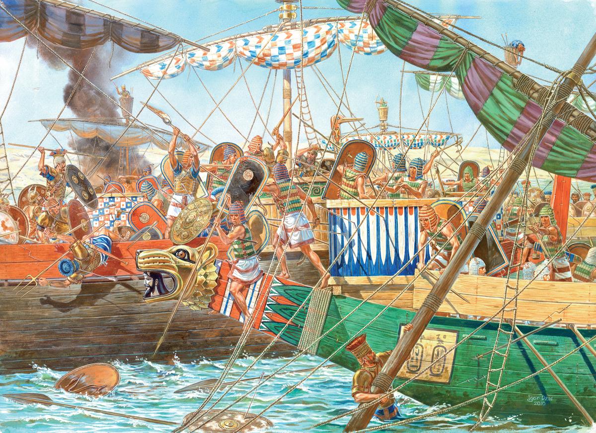 An Egyptian galley (foreground, right) engages with the enemy at close quarters as the fierce fighting in the Battle of the Delta begins to turn into a rout.