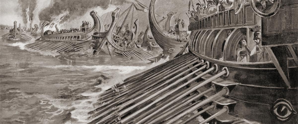 Having lulled the Athenian fleet into unguardedness with a cunning psychological ploy, Lysander proceeds to annihilate it at the 405 BC Battle of Aegospotami.
