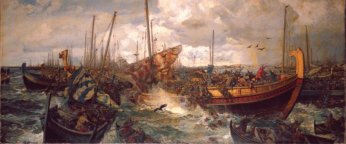 Viking fleets of Norway, Denmark, and Sweden clashed in the fierce Battle of Svolder in the year 1000.