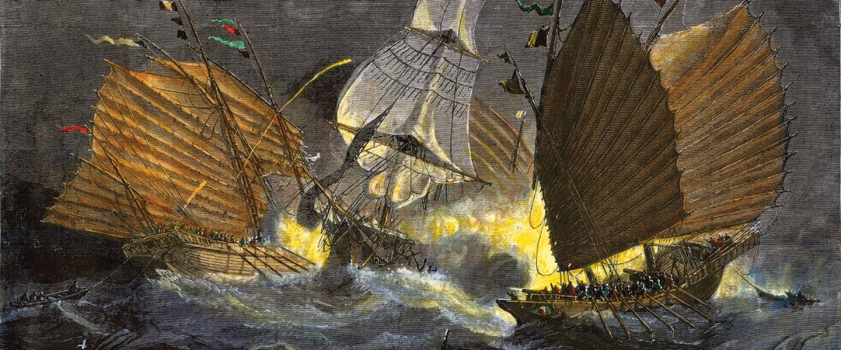 Perilous coast: Chinese pirate junks gang up on an unfortunate merchant ship.