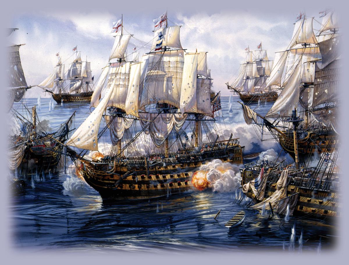 Vice Admiral Horatio Lord Nelson’s flagship HMS Victory breaks the French and Spanish Combined Fleet’s line during the opening stage of the 21 October 1805 Battle of Trafalgar, in Tom W. Freeman’s The Nelson Touch.