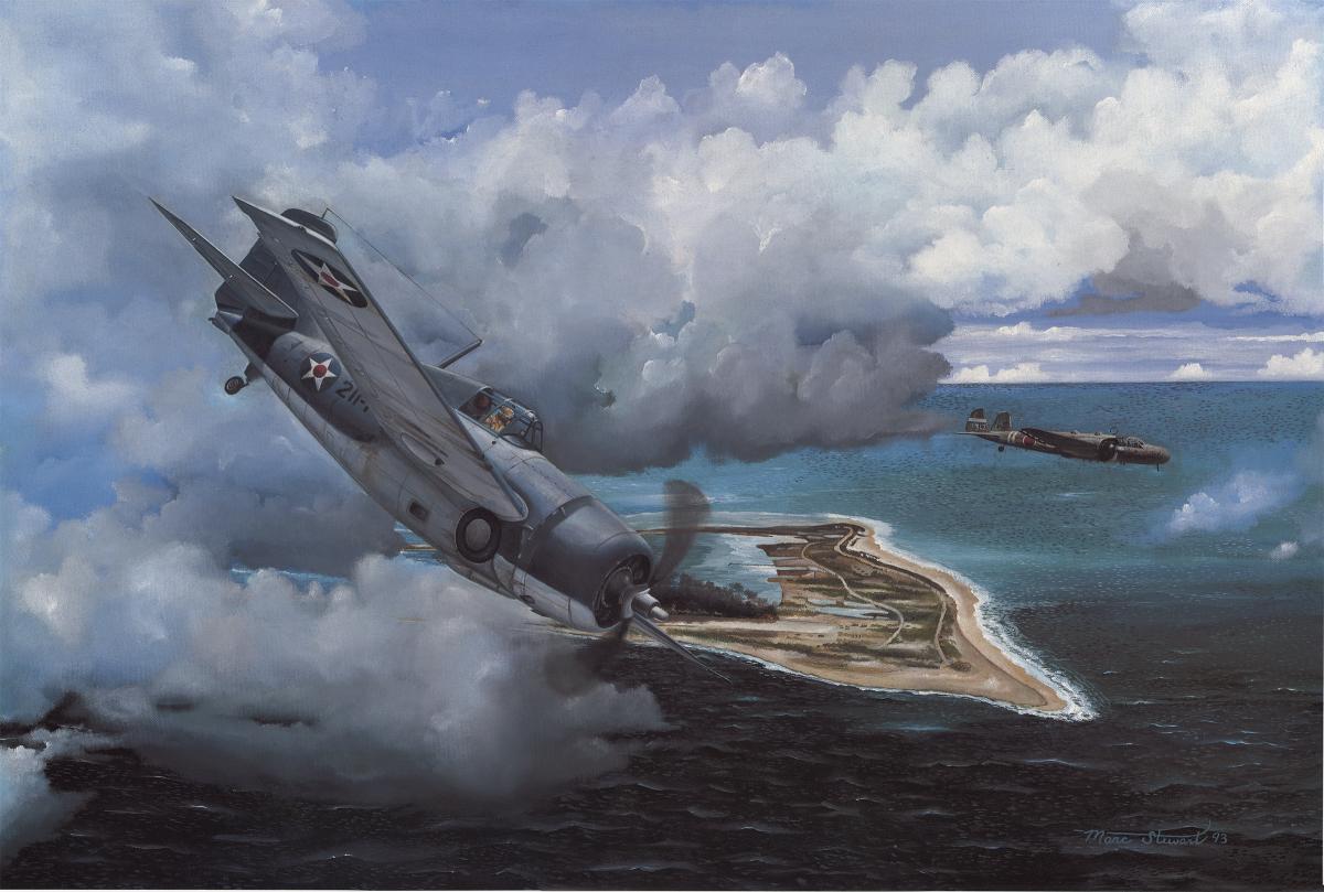 An F4F-3 Wildcat of Marine Fighting Squadron (VMF) 211 circles around to attack a Japanese G3M2 bomber, in Marcus W. Stewart Jr.’s painting Cat and Mouse over Wake.