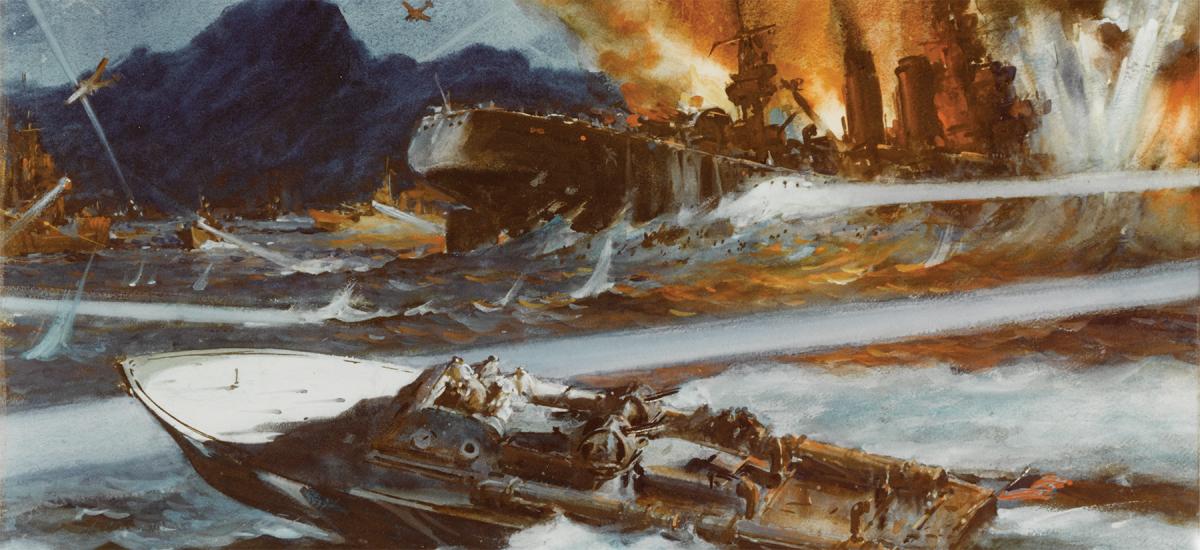 January 1942: With the Philippines heating up in the face of the unstoppable Japanese invasion, Lieutenant John D. Bulkeley’s PT-34 torpedoes a Japanese ship in Binanga Bay.