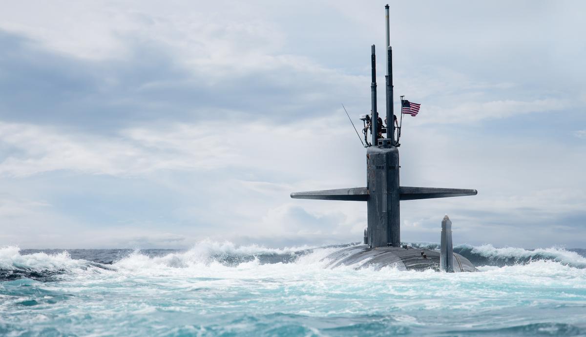 The USS Newport News (SSN-750) conducts a brief stop for personnel in the Gulf of  Tadjoura, Djibouti, in late January 2020.