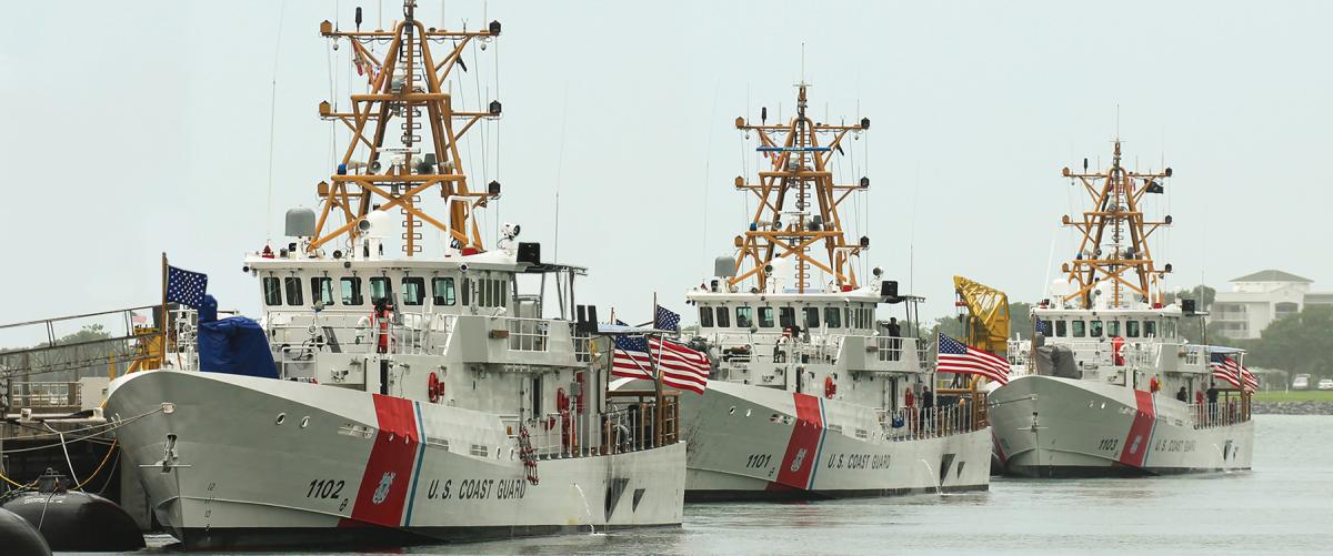 The first three fast response cutters—the USCGC Richard Etheridge (WPC-1102), Bernard C. Webber (WPC-1101), and William Flores (WPC-1103). 