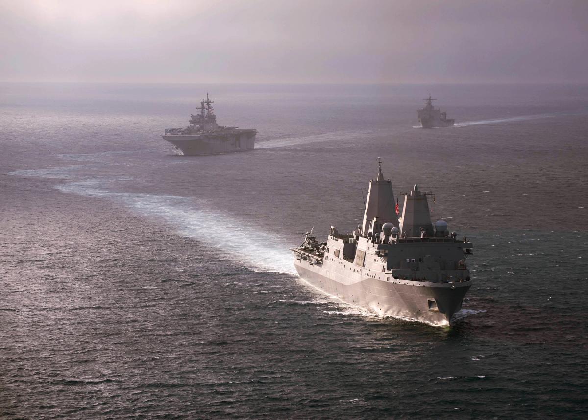 USS San Diego (LPD-22) leading the America Amphibious Ready Group off the coast of Southern California.
