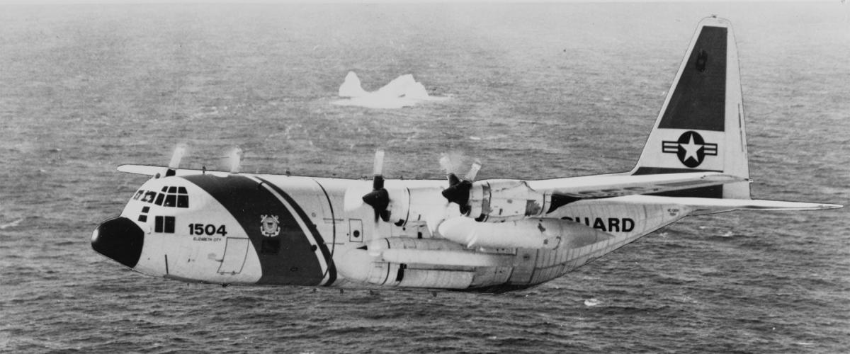 A U.S. Coast Guard HC-130 Hercules on an International Ice Patrol mission over the North Atlantic. After the sinking of the Titanic, the patrol was begun to locate icebergs and ice fields in the shipping lanes.