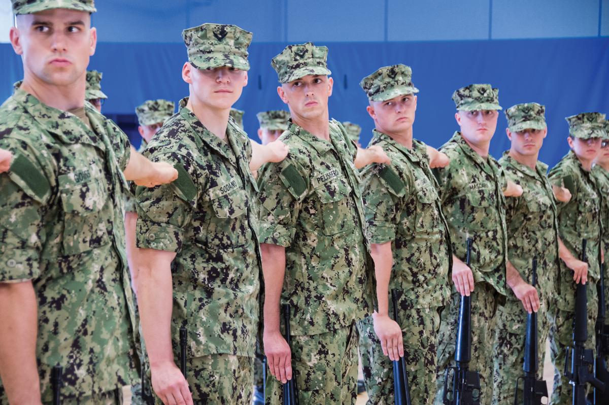 Officer candidates in Newport, Rhode Island, practice drill and ceremony. The Navy today, just as with society at large, is rife with unconscious bias that denies people of color the wider margins of error and smoother career progression their white contemporaries enjoy.