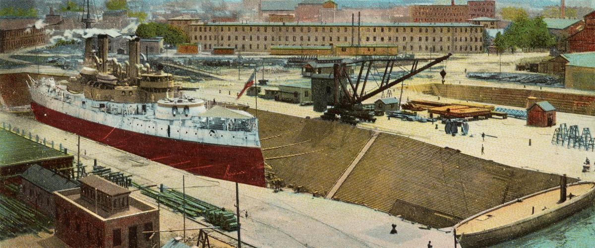 USS Indiana in dry dock