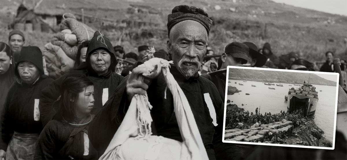 Civilians laden with their earthly possessions flee their homes and make for the landing beaches to be transported from the Communist-bombed Dachen Islands to Formosa (Taiwan) by the U.S. Seventh Fleet, 7 February 1955. Right: Chinese Nationalist soldiers load ammo aboard the USS Ford County (LST-772) as evacuation operations continue.