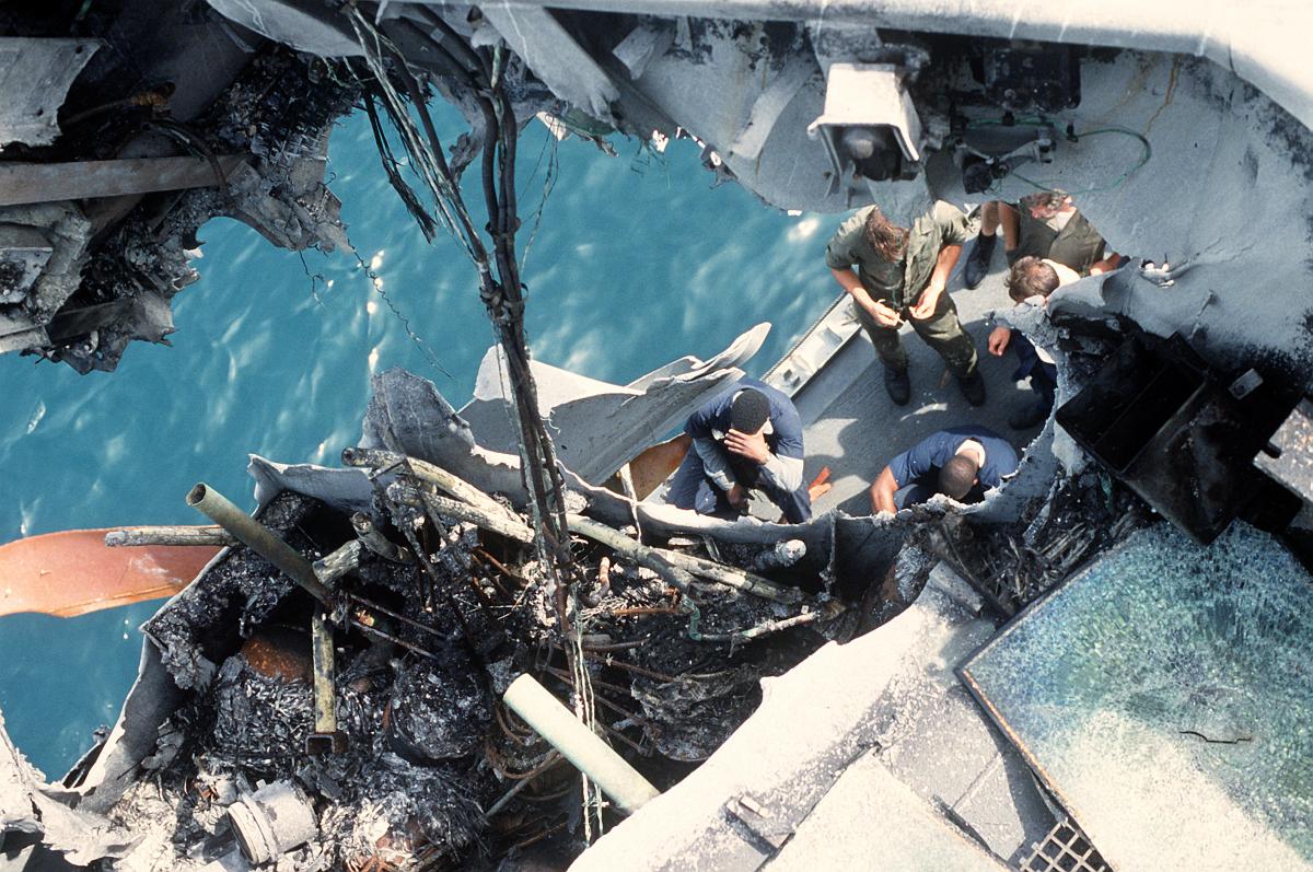 A close-up view of damage to Stark after it was struck by an Iraqi-launched Exocet missile
