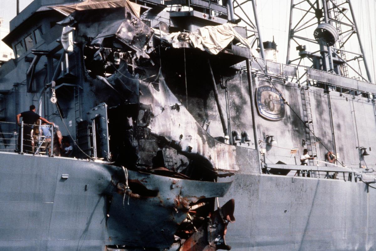 A view of damage sustained by the guided missile frigate USS STARK (FFG-31) when it was hit by two Iraqi-launched Exocet missile while on patrol in the Persian Gulf, 5/1/1987