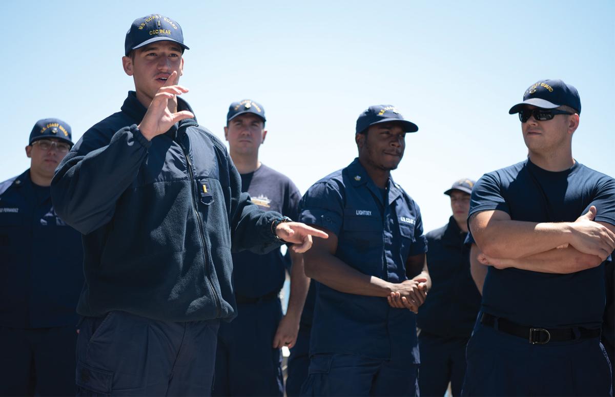 A briefing on board the USCGC Bear (WMEC-901). Regular check-ins and evaluations can identify areas for improvement and ensure service members are always striving to be the best versions of themselves.