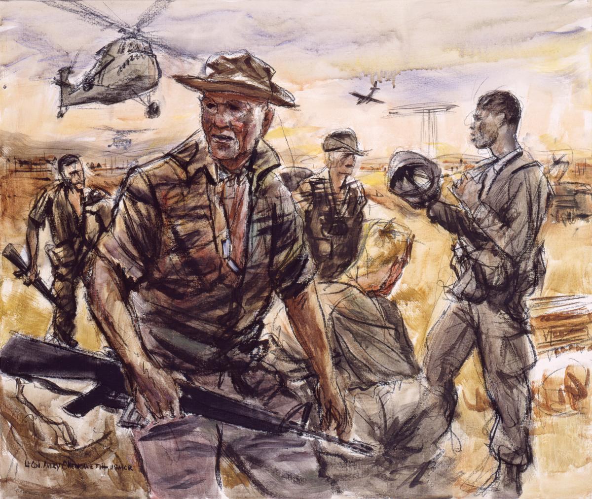 Painting of a Mariner reconnaissance platoon returning from a mission during the Vietnam War