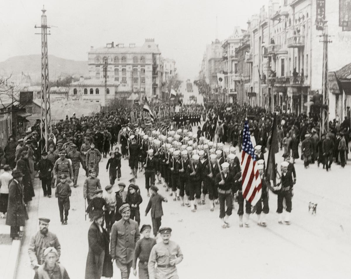 In 1919, USS Albany sailors parade through Vladivostok, Siberia.