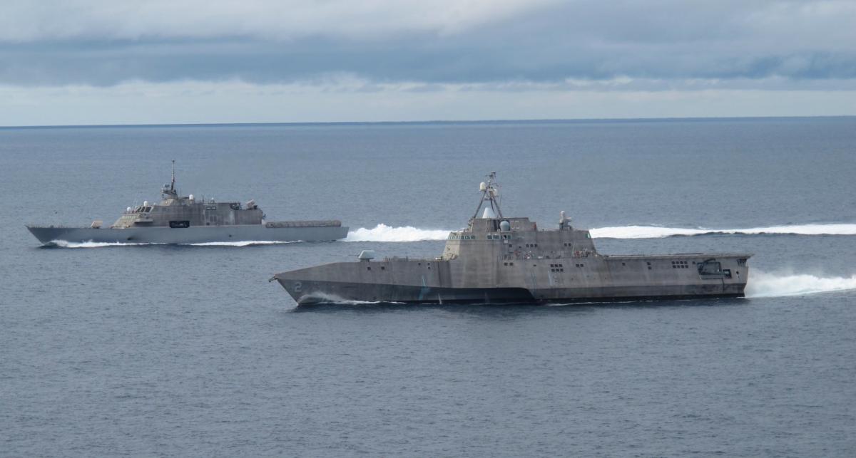 he first of class littoral combat ships USS Freedom (LCS-1), left, and USS Independence (LCS-2), maneuver together during an exercise