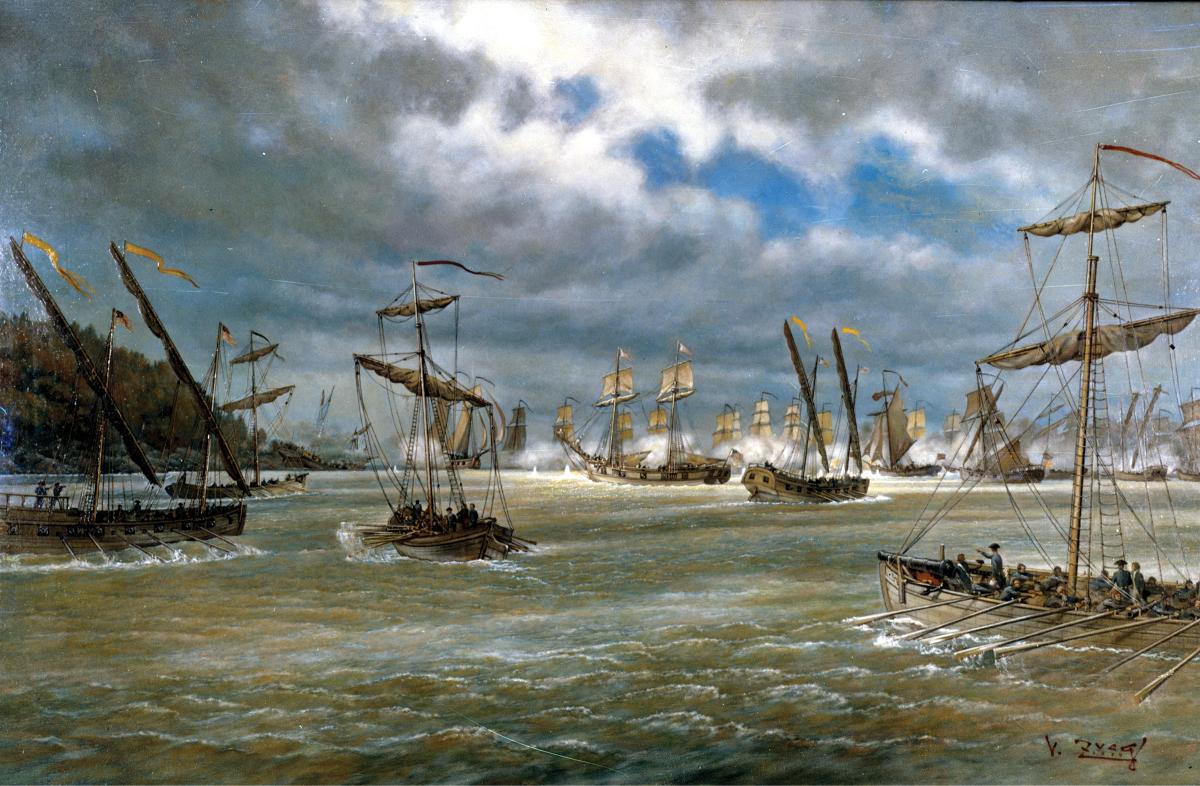 Benedict Arnold’s home-grown fleet (foreground) faces off against the superior British force on Lake Champlain, 11 October 1776. (Valcour Island is to the left.) Similar to how the Continental Army kept the American Revolution alive by fighting, retreating, and living to fight another day, Arnold’s cut-and-run naval engagement served to keep the Revolutionary torch lit.