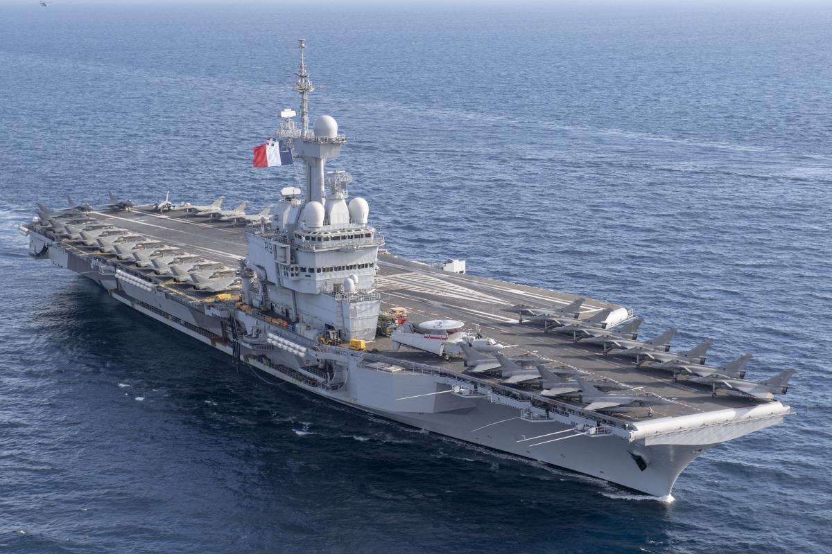 Aerial starboard bow view of the French Aircraft Carrier Charles de Gaulle